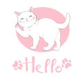 Vector hand drawn cute cat`s face saying Hello. Isolated illustration with lettering on white background Royalty Free Stock Photo