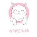 Vector hand drawn cute cat`s face saying Hello. Isolated illustration with lettering on white background Royalty Free Stock Photo