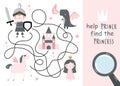 Vector hand drawn cute funny kids maze. Help the prince find the princess. Educational mini-game for children. Help find Royalty Free Stock Photo