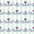 Vector Hand Drawn Cute Heart Chain Border On Stripes Seamless Pattern Background.