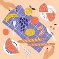 vector hand drawn cute illustration on a picnic theme - fruits and baguette on a napkin