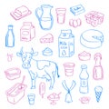 Vector hand drawn dairy elements set isolated on white background Royalty Free Stock Photo