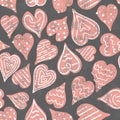 Vector hand drawn decorated pink and white textured hearts on grey seamless repeat pattern background. Perfect for textile, paper