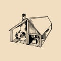 Vector hand drawn detailed illustration of blacksmith workshop house. Used for retro farrier logo or label.
