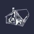 Vector hand drawn detailed illustration of blacksmith workshop house. Used for retro farrier logo or label.