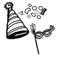 Vector hand drawn doodle birthday set, birthday cap, mascaraed mask Royalty Free Stock Photo