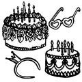 Vector hand drawn doodle birthday set, birthday cake, birthday decorations Royalty Free Stock Photo