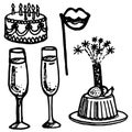 Vector hand drawn doodle bithday objects set, champane glasses, birthday cake with salute, birthday cake with candles