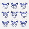 Vector hand drawn doodle emoticons set. Girl's