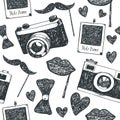 Vector hand drawn, doodle hipster seamless background, pattern. Retro camera, hearts, romance. Party background