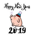 Vector hand drawn doodle illustration of new year winter piglet with a snowflake and 2019