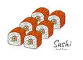 Doodle sushi set california roll set in caviar with salmon, fresh cucumber and avocado Royalty Free Stock Photo