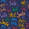 Vector hand drawn doodle sale seamless pattern. Promotion background with colorful sale lettering