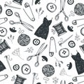 Vector hand drawn doodle seamless pattern. black and white. Fashion, sewing tools background. Use for babric, print