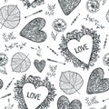 Vector hand drawn doodle seamless pattern. black and white. Use for babric, print, wrapping. Cartoon set of Love and Royalty Free Stock Photo