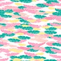 Vector hand drawn doodle seamless pattern with green, yellow pink feathers on white background. Royalty Free Stock Photo