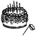 Vector hand drawn doodles birthday objects, birthday cake with candles, lips on stick