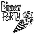 Vector hand drawn doodles birthday objects, confetti birthday cone, title birthday party