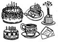 Vector hand drawn doodles birthday objects set, birthday cakes with candles and salutes, tea cup,