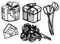 Vector hand drawn doodles birthday objects set, gift boxes, vector flowers, congrats letter Royalty Free Stock Photo