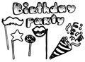 Vector hand drawn doodles birthday objects set, birthday pattern lettering, birthday decoration,