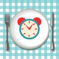 Flatware on checkered tablecloth, empty plate with folk, knife and alarm clock