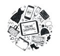 Vector Hand drawn fashion online shop icons set. Cart, dress, pc, money, credit card, shoe, shopping bag, cellphone, tag Royalty Free Stock Photo