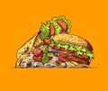 Vector hand drawn fast food burger, taco, pizza illustration Royalty Free Stock Photo