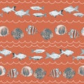 Vector hand drawn fishes and wavy lines fish seamless pattern print background.