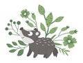 Vector hand drawn flat baby badger with leaves, twigs and flowers. Funny scene with woodland animal. Cute forest animalistic