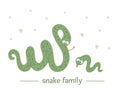 Vector hand drawn flat baby snake with parent. Funny woodland animal scene showing family love. Cute forest animalistic