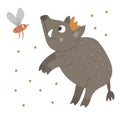 Vector hand drawn flat boar with an insect. Funny woodland animal. Cute forest pig illustration for childrenÃ¢â¬â¢s design, print, Royalty Free Stock Photo