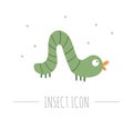 Vector hand drawn flat crawling green caterpillar. Funny woodland insect icon. Cute forest animalistic illustration for children Royalty Free Stock Photo