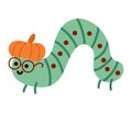 Vector hand drawn flat crawling green caterpillar in pumpkin hat and glasses. Funny woodland insect icon. Cute book worm Royalty Free Stock Photo