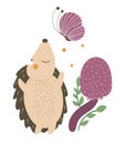 Vector hand drawn flat hedgehog catching a butterfly near purple mushroom.