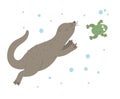 Vector hand drawn flat otter swimming for frog. Funny woodland animal. Cute forest animalistic illustration for childrenÃ¢â¬â¢s