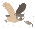 Vector hand drawn flat owl flying with spread wings for scared mouse. Funny hunt scene with woodland bird. Cute forest animalistic