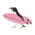 Vector hand drawn flat penguin with surf board