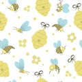 Vector hand drawn flat seamless pattern with beehive, bees, flowers. Cute funny childish repeating background on honey production