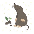 Vector hand drawn flat sitting mole. Funny woodland animal. Cute forest animalistic illustration for childrenÃ¢â¬â¢s design, print,