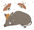 Vector hand drawn flat sleeping boar with an insect. Funny woodland animal. Cute forest pig illustration for childrenÃ¢â¬â¢s design, Royalty Free Stock Photo