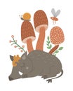 Vector hand drawn flat sleeping boar with mushrooms and insects. Funny woodland animal card template. Cute forest pig Royalty Free Stock Photo