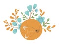 Vector hand drawn flat sleeping fox with flowers and leaves. Funny scene with woodland animal. Cute forest animalistic