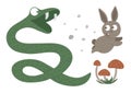 Vector hand drawn flat snake hunting a hare. Funny woodland animal. Cute forest serpent illustration for childrenÃ¢â¬â¢s design,