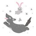 Vector hand drawn flat wolf running for hare. Funny hunt scene with woodland animal. Cute forest animalistic illustration for