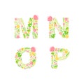 Vector Hand Drawn floral uppercase letter monograms or logo. Uppercase Letters M, N, O, P with Flowers and Branches Blossom. Royalty Free Stock Photo