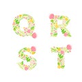 Vector Hand Drawn floral uppercase letter monograms or logo. Uppercase Letters Q, R, S, T with Flowers and Branches Blossom. Royalty Free Stock Photo
