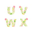 Vector Hand Drawn floral uppercase letter monograms or logo. Uppercase Letters U, V, W, X with Flowers and Branches Blossom. Royalty Free Stock Photo