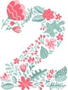 Vector Hand Drawn Font Number 2 two with Flowers and Branches Blossom Spring. Floral alphabet Typography Summer letter Royalty Free Stock Photo