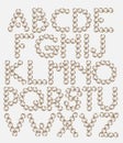 Vector hand drawn font of pearls with golden frame made in realistic style.